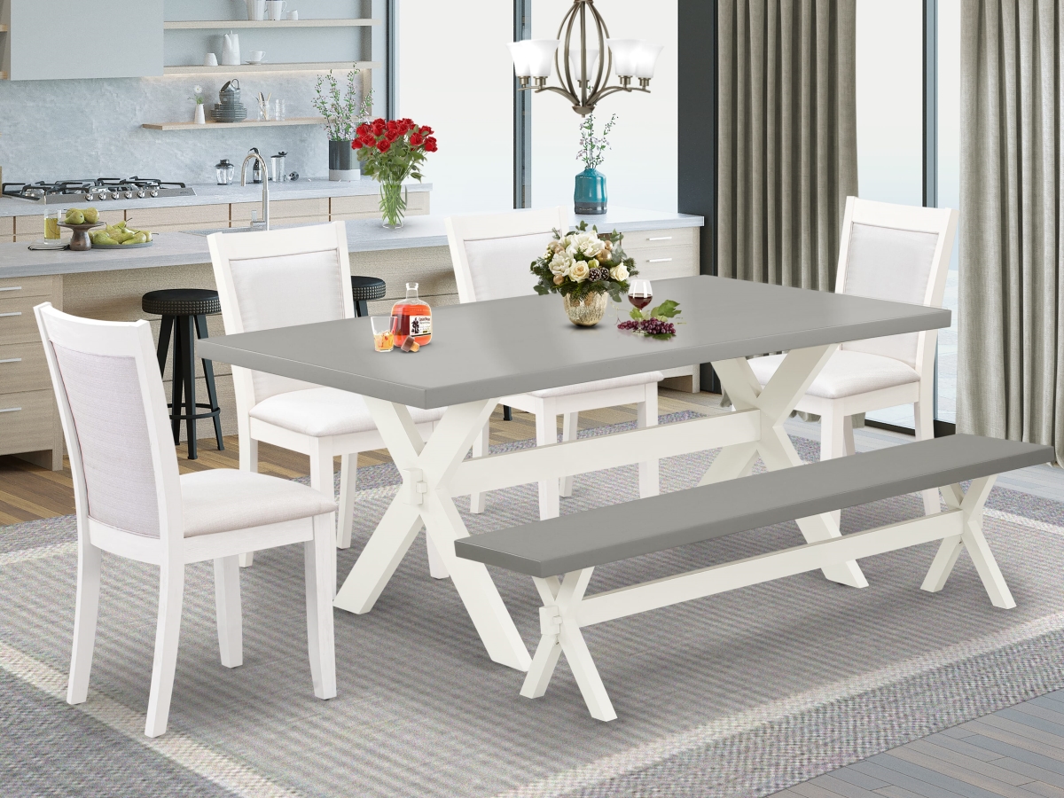 X097MZ001-6 Dining Set, Multi Color - A Wood Table - 4 Cream Dining Chairs & A Bench - Wire Brushed Linen White Finish - 6 Piece