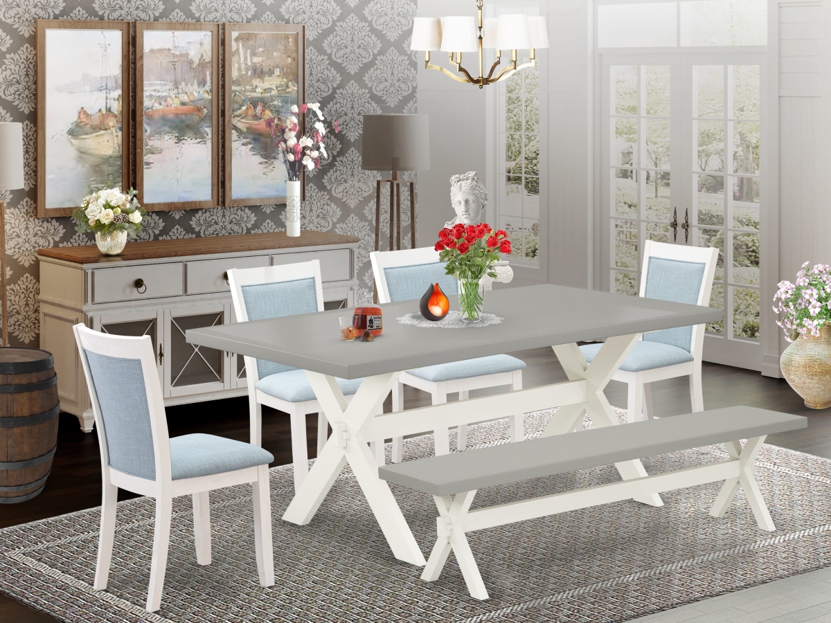 X097MZ015-6 Dining Set, Multi Color - A Wood Table - 4 Baby Blue Dinner Chairs & A Bench - Wire Brushed Linen White Finish - 6 Piece