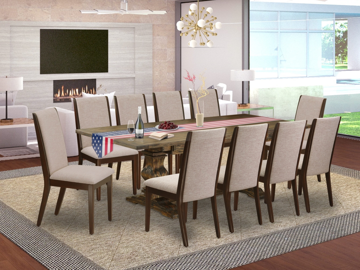 LALA11-73-04 Dining Room Set, Jacobean - A Rectangular Table & 1 Light Tan Upholstered Chairs - 11 Piece