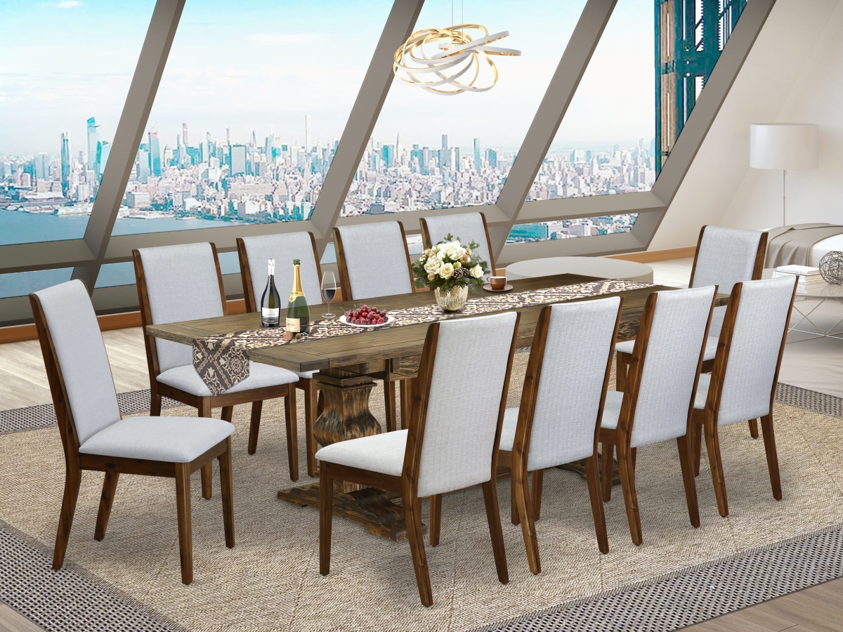 LALA11-78-05 Mid Century Dining Set, Jacobean - A Dinning Table & 1 Gray Upholstered Chairs - 11 Piece
