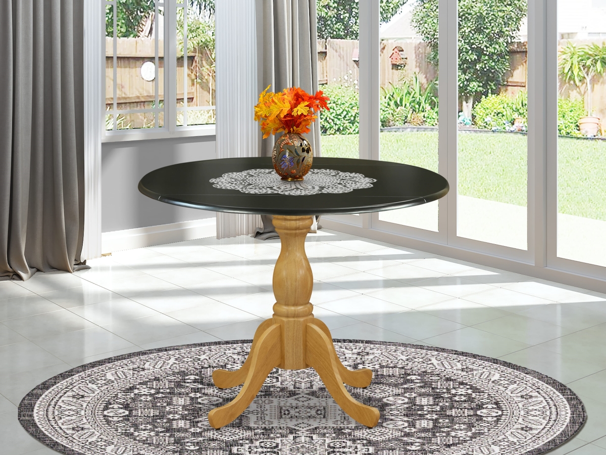 DST-BOK-TP Dinning Table with Drop Leaves Table Top & Oak Pedestal Leg Finish, Black & Oak