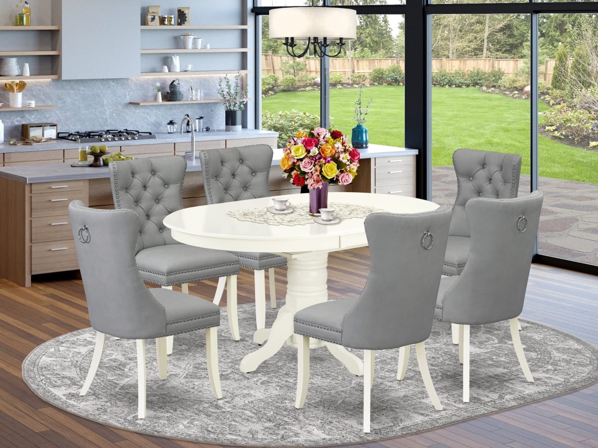 AVDA7-LWH-27 Dining Set, Linen White - An Oval Kitchen Table with Removable Leaf & 6 Upholstered Chairs - 7 Piece