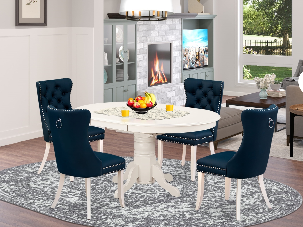 AVDA5-LWH-29 Dining Set, Linen White - An Oval Wooden Table with Removable Leaf & 4 Upholstered Chairs - 5 Piece