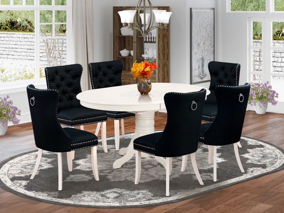 AVDA7-LWH-24 Dining Room Set, Linen White - An Oval Wooden Table with Removable Leaf & 6 Padded Chairs - 7 Piece