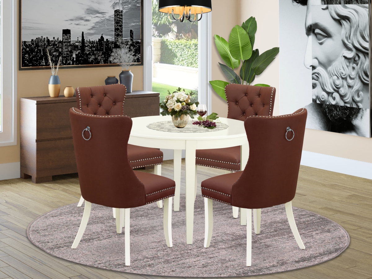 BODA5-WHI-26 Dining Set, Linen White - A Round Kitchen Table & 4 Upholstered Parson Chairs - 5 Piece