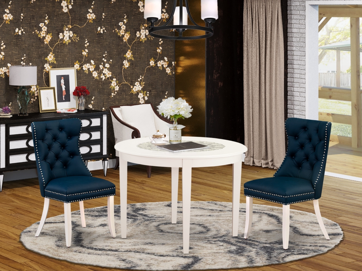 BODA3-WHI-29 Dining Set for Small Spaces, Linen White - A Round Kitchen Table & 2 Upholstered Chairs - 3 Piece