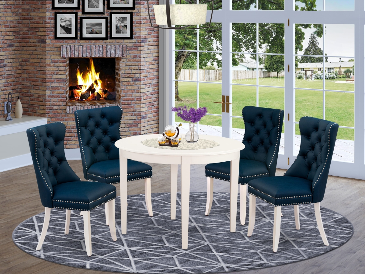 BODA5-WHI-29 Dining Room Set, Linen White - A Round Kitchen Table & 4 Padded Parson Chairs - 5 Piece