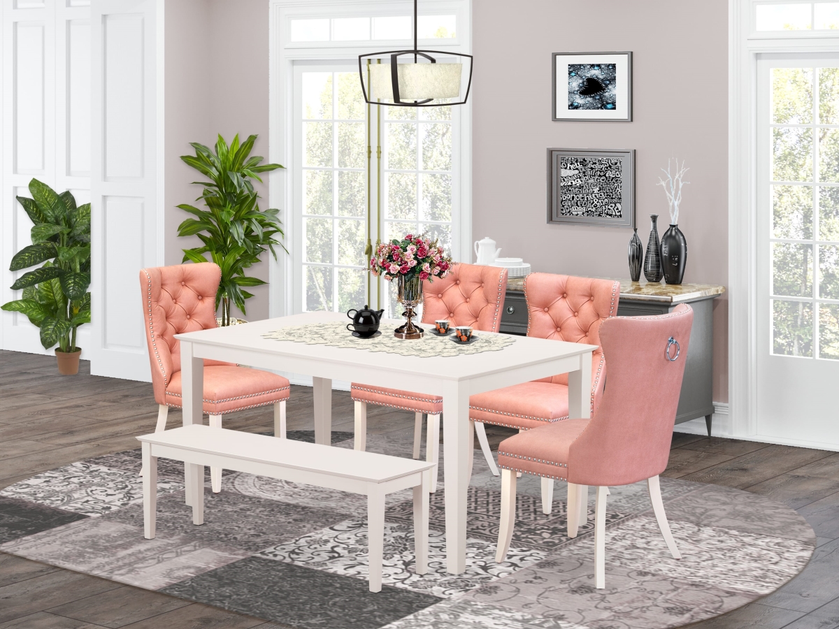 CADA6-LWH-23 Dining Set, Linen White - A Rectangle Kitchen Table & 4 Upholstered Chairs with A Bench - 6 Piece