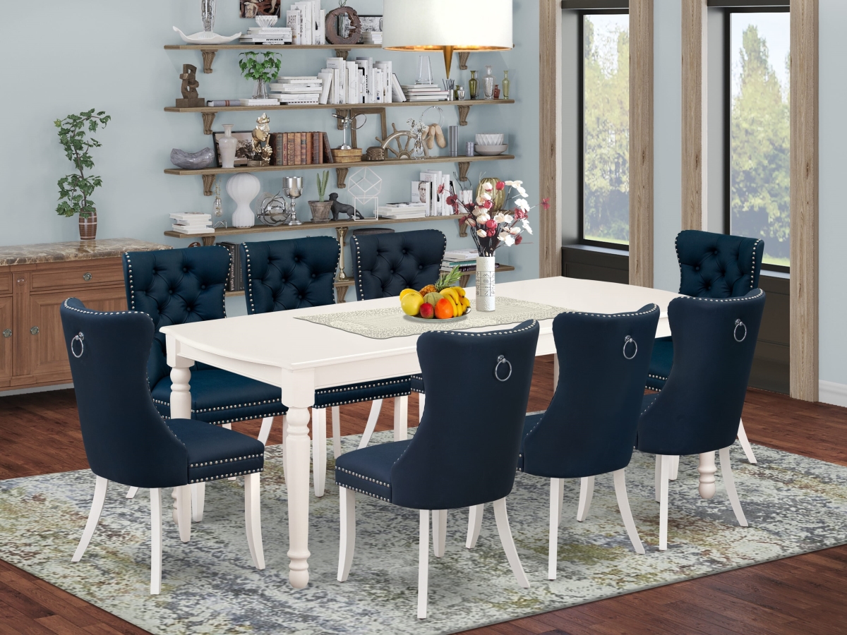 DODA9-LWH-29 Dining Set, Linen White - A Rectangle Kitchen Table with Removable Leaf & 8 Parson Chairs - 9 Piece