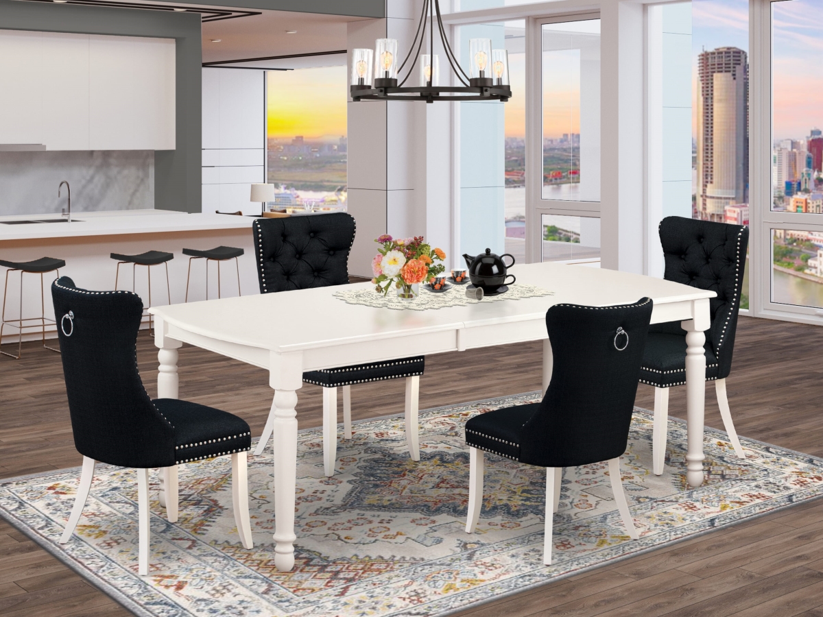 DODA5-LWH-24 Dining Set, Linen White - A Rectangle Wooden Table - Removable Leaf & 4 Upholstered Chairs - 5 Piece