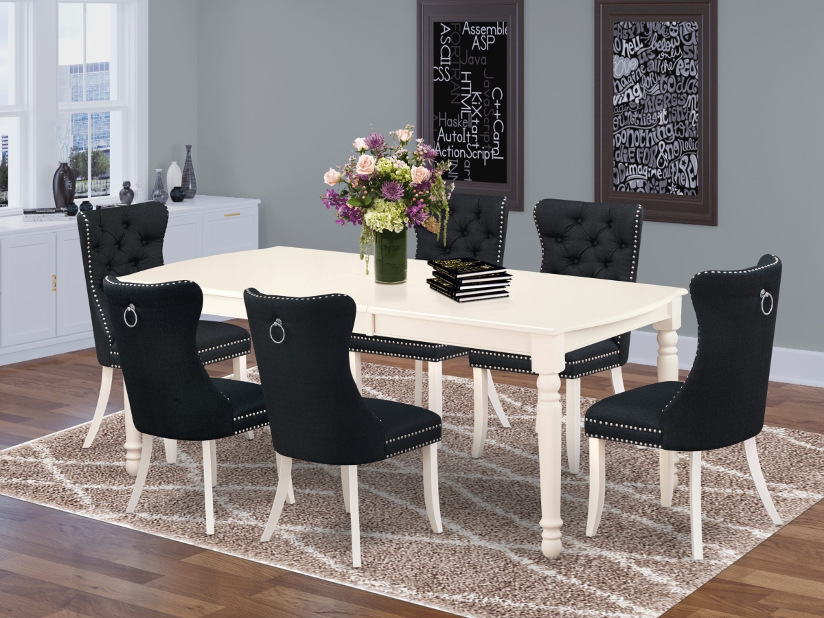 DODA7-LWH-24 A Rectangle Kitchen Table with Removable Leaf & 6 Parson Chairs Dining Set, Linen White - 7 Piece