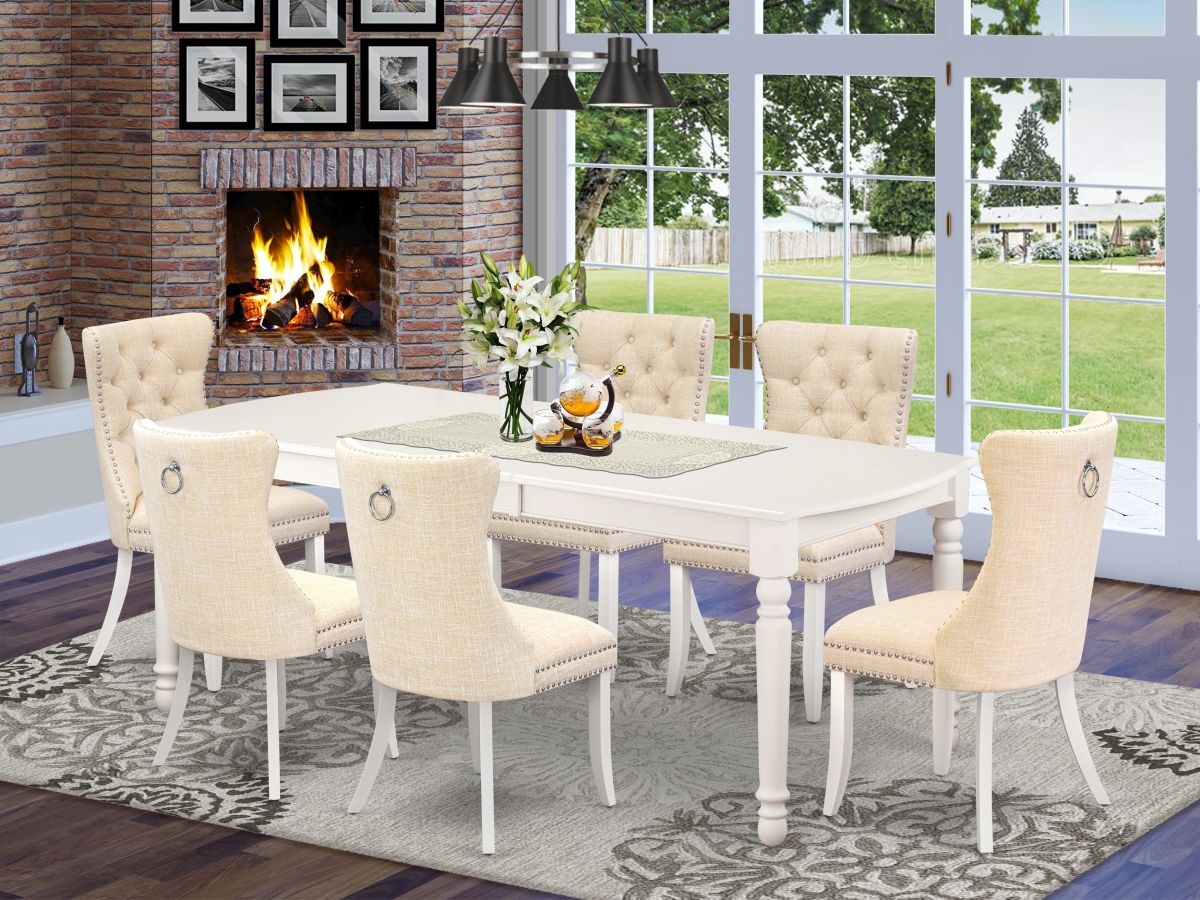 DODA7-LWH-32 A Rectangle Kitchen Table with Removable Leaf & 6 Upholstered Chairs Dining Set, Linen White - 7 Piece