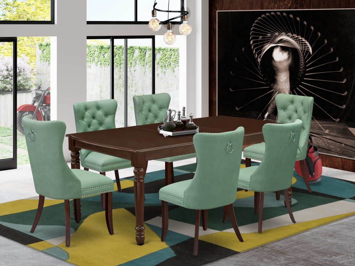 DODA7-MAH-22 A Rectangle Wooden Table with Removable Leaf & 6 Upholstered Chairs Dining Set, Mahogany - 7 Piece