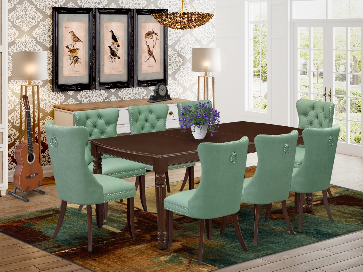 DODA9-MAH-22 A Rectangle Kitchen Table with Removable Leaf & 8 Upholstered Chairs Dining Set, Mahogany - 9 Piece