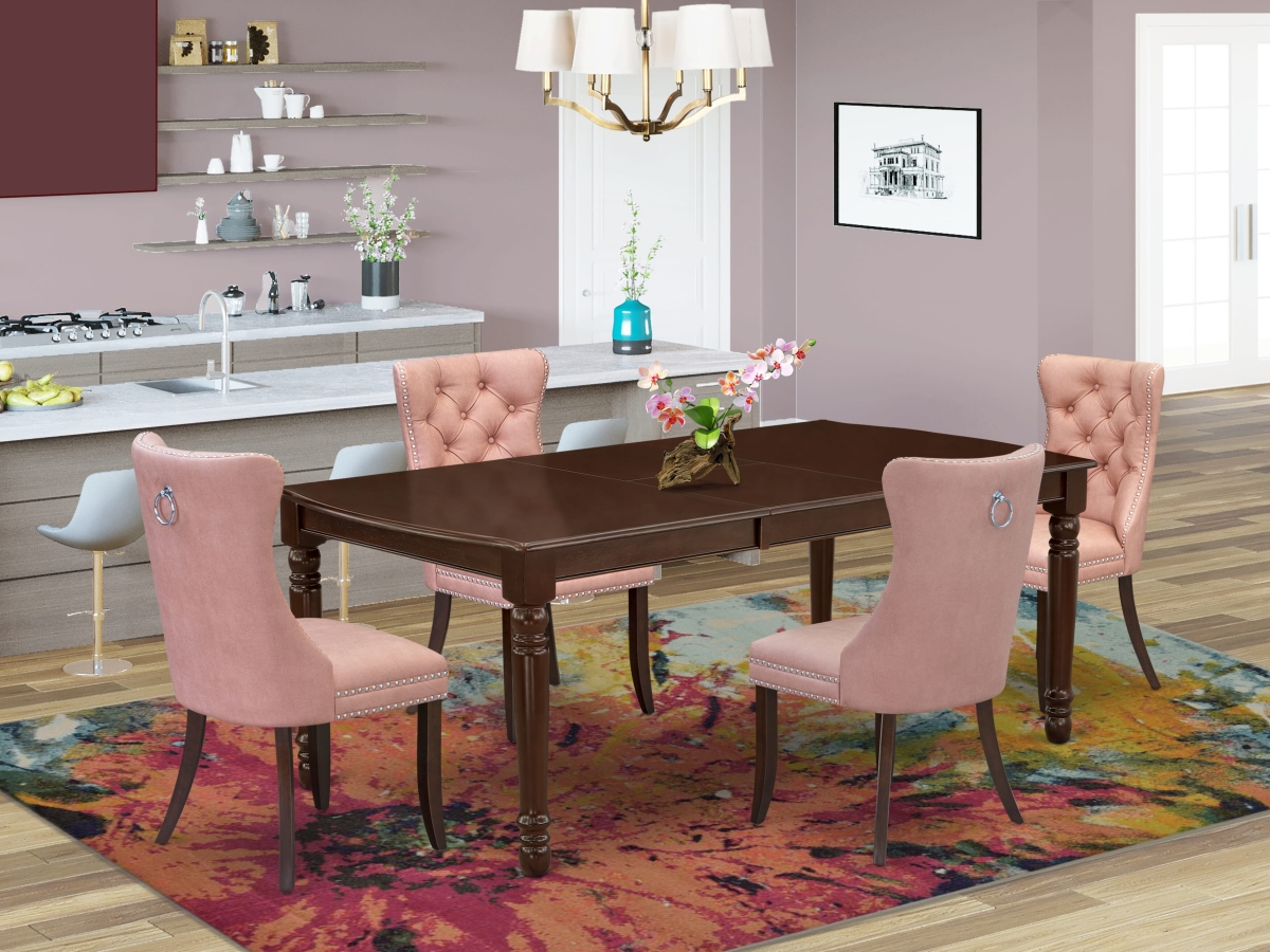 DODA5-MAH-23 A Rectangle Wooden Table with Removable Leaf & 4 Upholstered Chairs Dining Set, Mahogany - 5 Piece