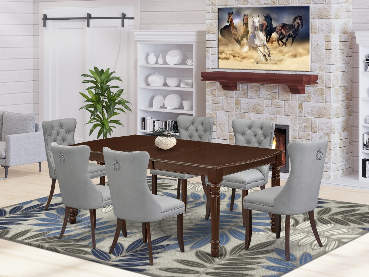 DODA7-MAH-27 Dining Set, Mahogany - A Rectangle Kitchen Table with Removable Leaf & 6 Upholstered Chairs - 7 Piece
