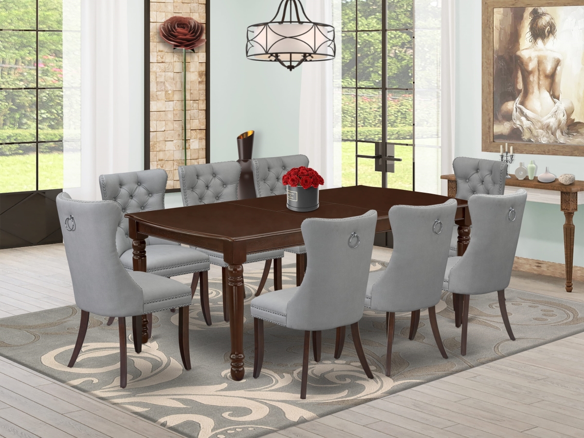 DODA9-MAH-27 Dining Set, Mahogany - A Rectangle Kitchen Table with Removable Leaf & 8 Upholstered Chairs - 9 Piece