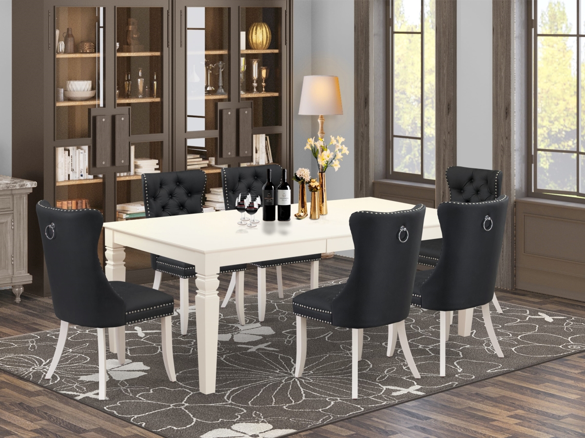 LGDA7-LWH-12 A Rectangle Kitchen Table with Removable Leaf & 6 Upholstered Chairs Dining Set, Linen White - 7 Piece