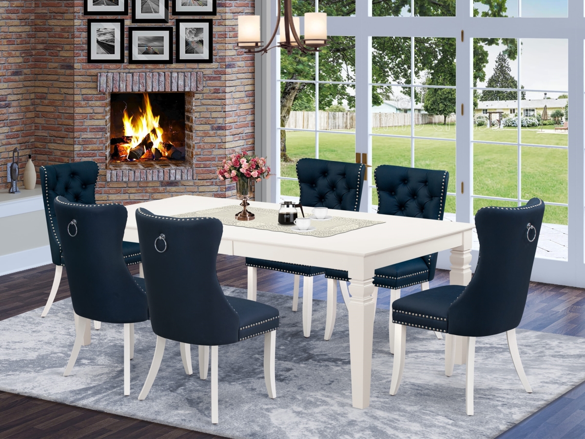 LGDA7-LWH-29 Dining Room Set, Linen White - A Rectangle Wooden Table with Removable Leaf & 6 Padded Chairs - 7 Piece