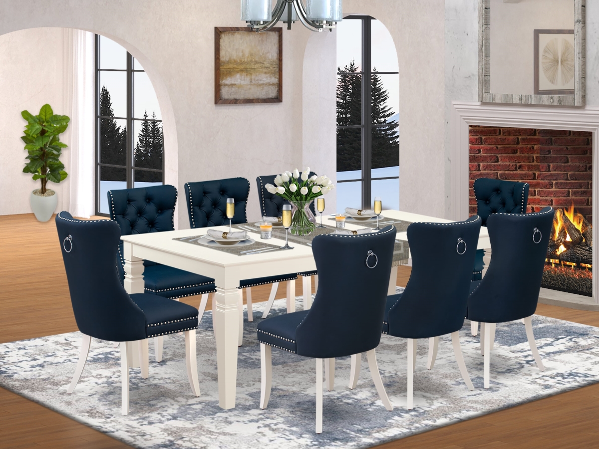 LGDA9-LWH-29 Dining Set, Linen White - A Rectangle Wooden Table with Removable Leaf & 8 Upholstered Chairs - 9 Piece