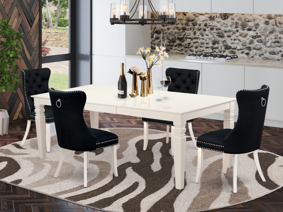 LGDA5-LWH-24 A Rectangle Wooden Table with Removable Leaf & 4 Upholstered Chairs Dining Set, Linen White - 5 Piece