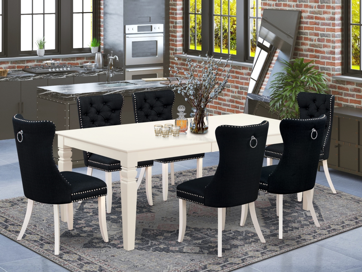 LGDA7-LWH-24 Dining Set, Linen White - A Rectangle Kitchen Table with Removable Leaf & 6 Upholstered Chairs - 7 Piece