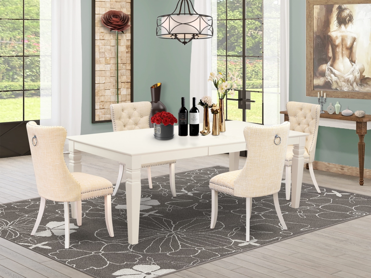 LGDA5-LWH-32 Dining Set, Linen White - A Rectangle Wooden Table with Removable Leaf & 4 Upholstered Chairs - 5 Piece