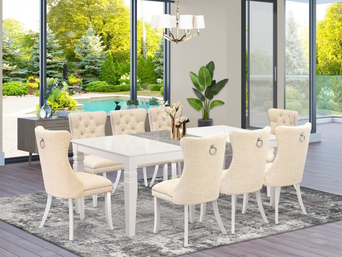 LGDA9-LWH-32 Dining Set, Linen White - A Rectangle Kitchen Table with Removable Leaf & 8 Padded Chairs - 9 Piece