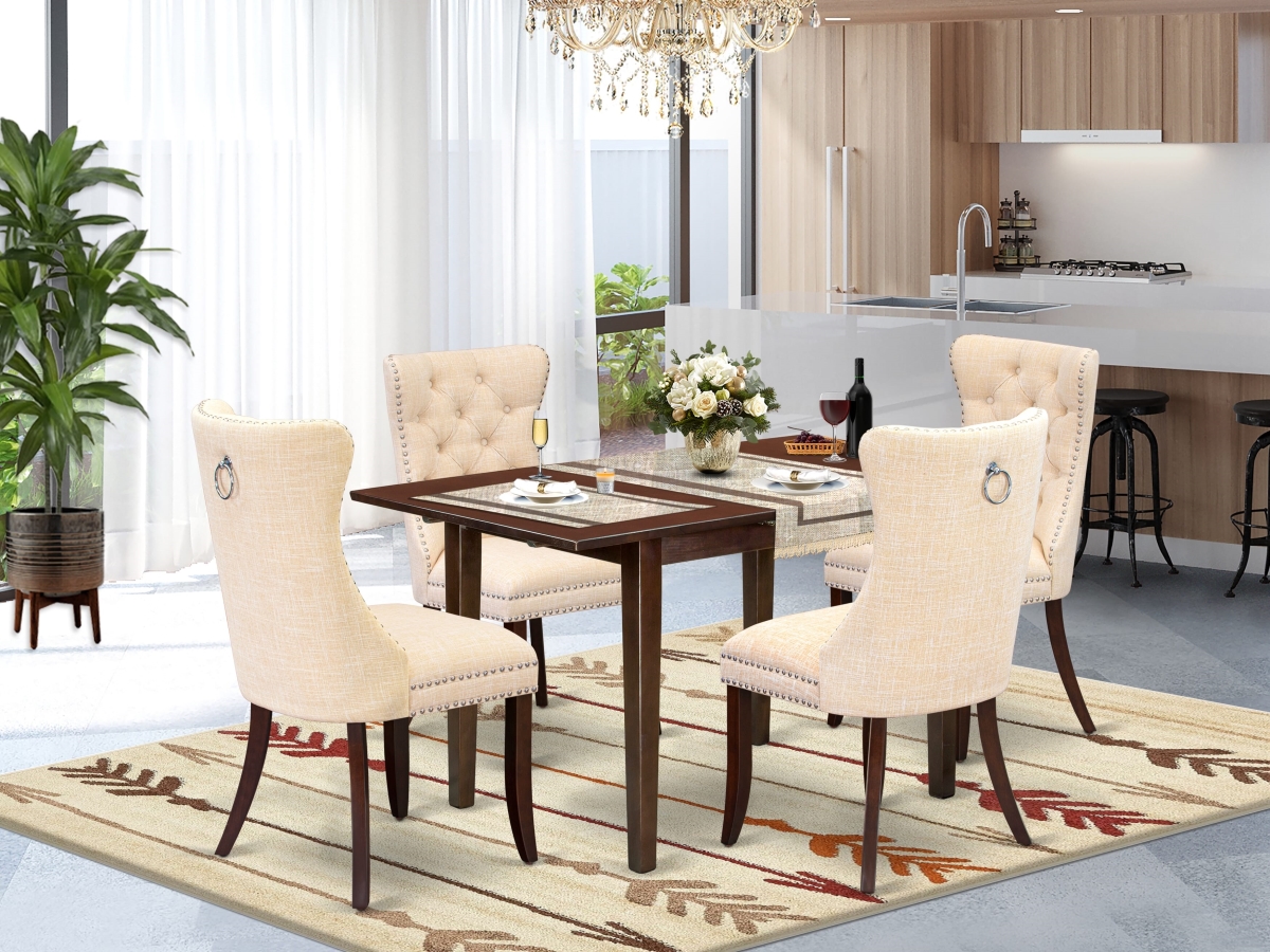 NFDA5-MAH-32 Dining Set, Mahogany - A Rectangle Wooden Table with Removable Leaf & 4 Upholstered Chairs - 5 Piece