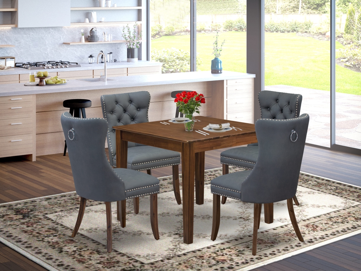 OXDA5-AWA-13 A Square Solid Wood Table with 4 Upholstered Chairs Dining Room Set, Antique Walnut - 5 Piece