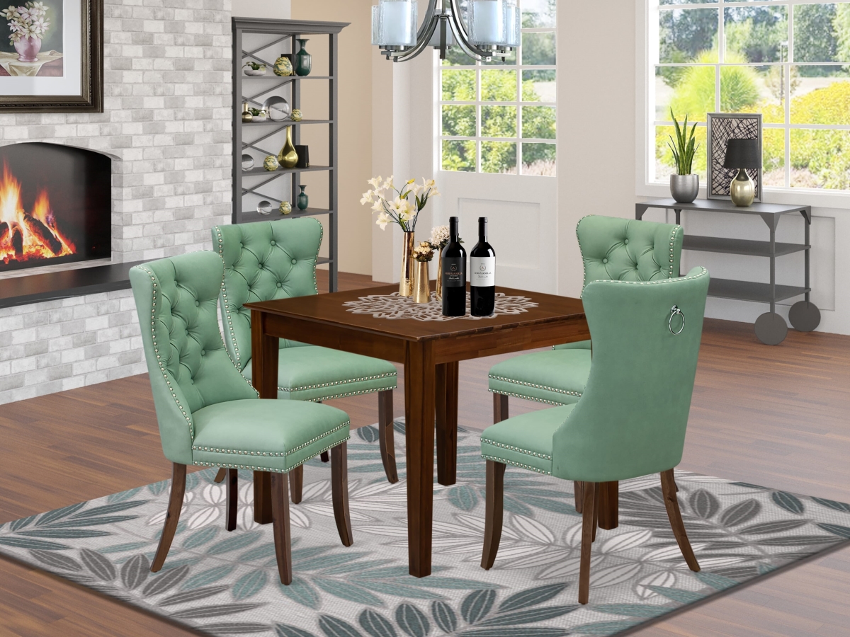OXDA5-AWA-22 A Square Solid Wood Table & 4 Upholstered Chairs Dining Room Set, Antique Walnut - 5 Piece