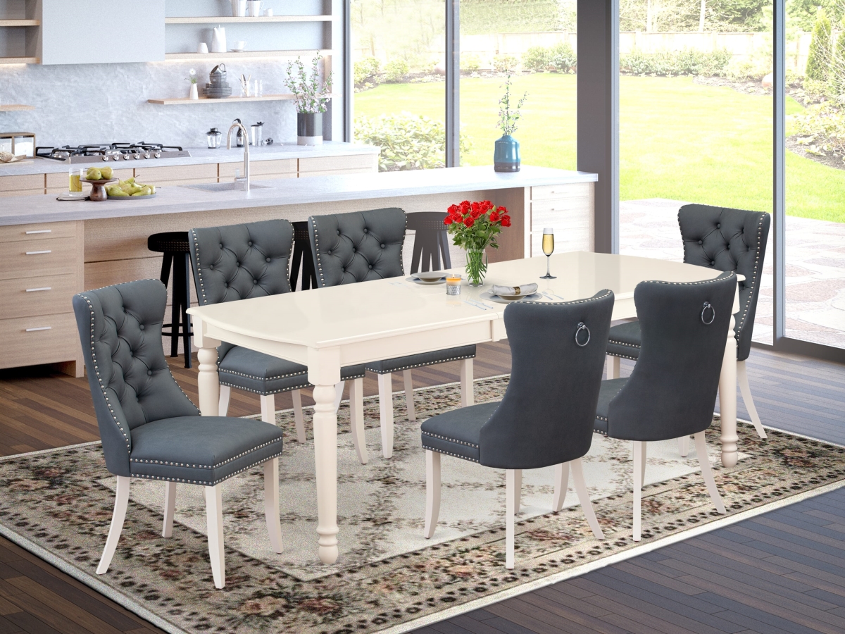DODA7-LWH-13 Dining Set, Linen White - A Rectangle Kitchen Table with Removable Leaf & 6 Chairs - 7 Piece
