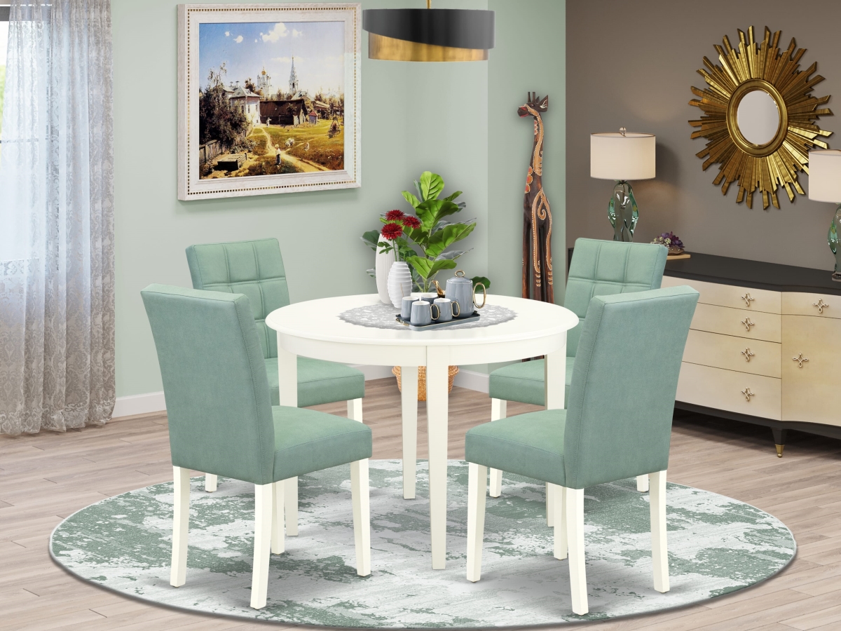 BOAS5-WHI-43 Dining Set, Linen White - A Dinning Table & 4 Willow Green Faux Leather Mid Century Modern Chairs - 5 Piece