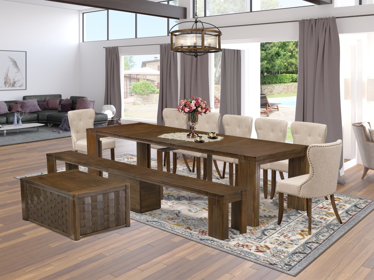 Extendable Dining Set, Antique Walnut - A Rectangle Xtenczar Table - 1 Coffee Table - 7 Light Tan Linen Fabric Dining Chairs & 1 Modern Bench