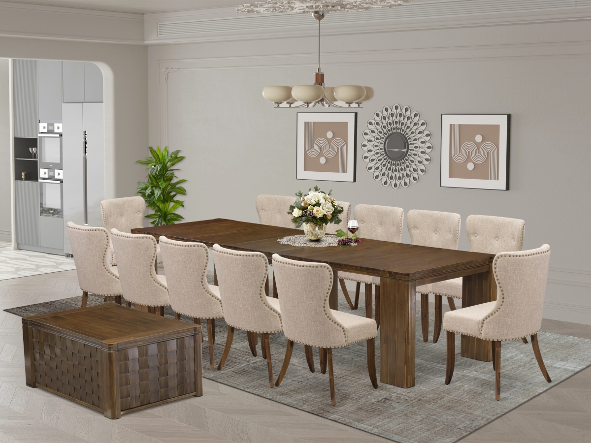 Extendable Dining Set, Antique Walnut - A Rectangle Xtenczar Table - 1 Coffee Table & 12 Light Tan Linen Fabric Dining Chairs - 4 Piece