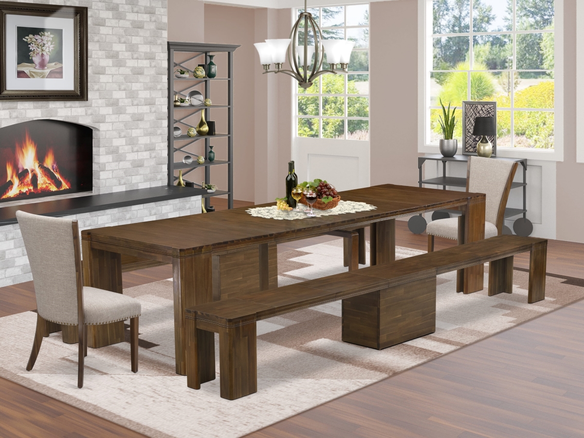 Extendable Dining Set, Antique Walnut - A Rectangle Xtenczar Dining Table - 2 Light Tan Linen Fabric Dining Chairs & 2 Modern Benches - 5 Piece