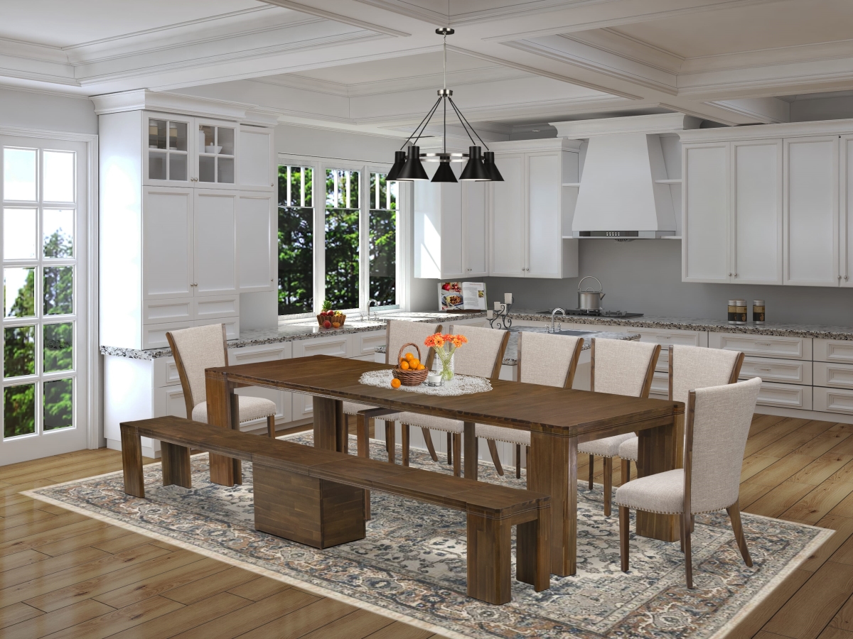 Extendable Dining Set, Antique Walnut - A Rectangle Xtenczar Dining Table - 7 Light Tan Fabric Dining Chairs - & 1 Modern Bench - 9 Piece
