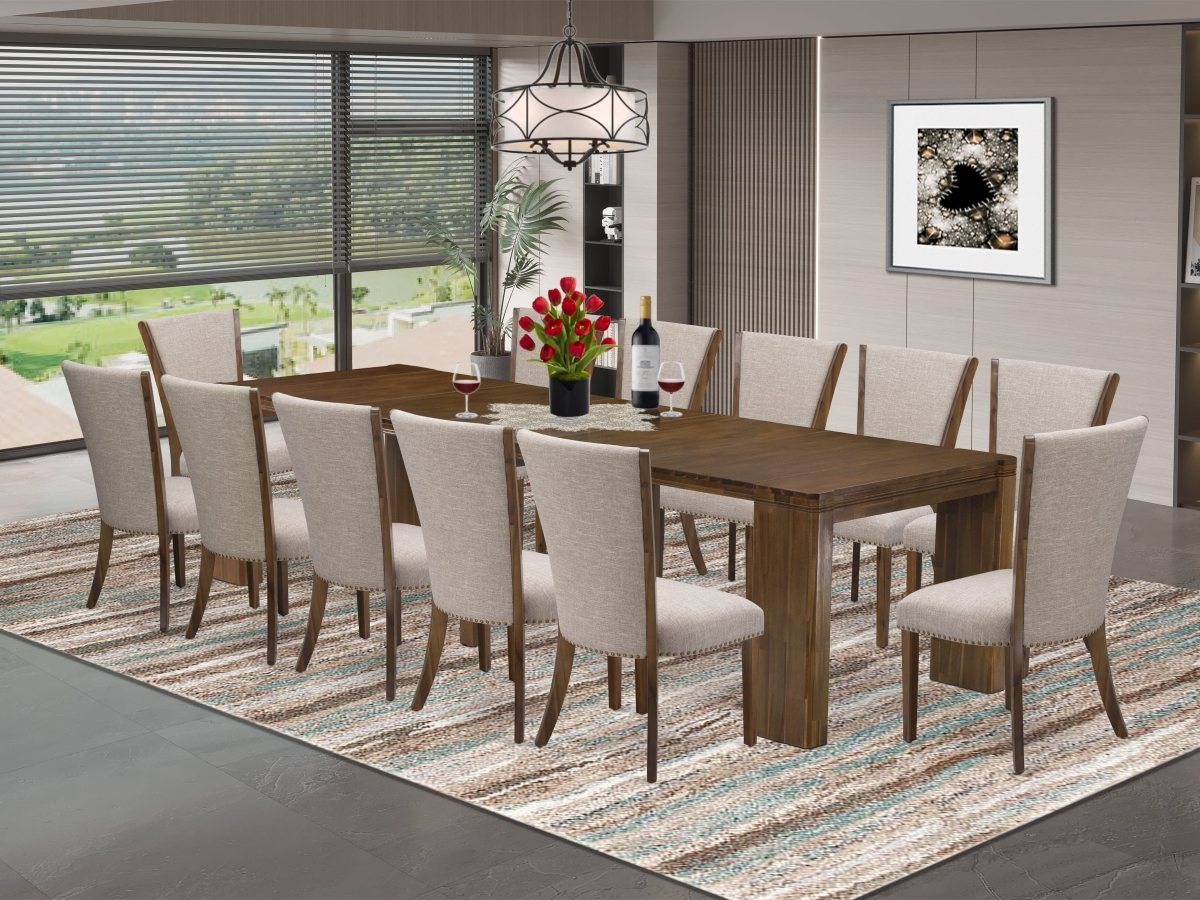 X12VE-008-04 Extendable Dining Set, Antique Walnut - A Rectangle Xtenczar Dining Table & 12 Light Tan Linen Fabric Dining Chairs - 3 Piece