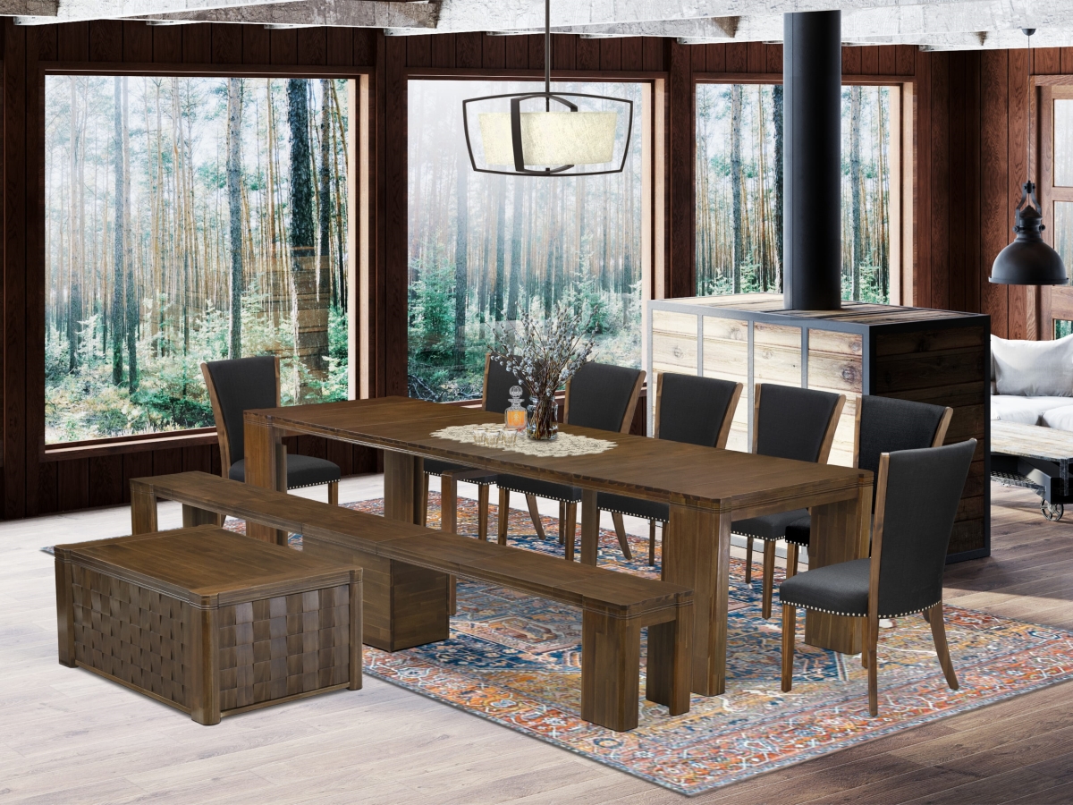 Extendable Dining Set, Antique Walnut - A Rectangle Xtenczar Dining Table - 1 Coffee Table - 7 Black Linen Fabric Chairs & 1 Modern Bench