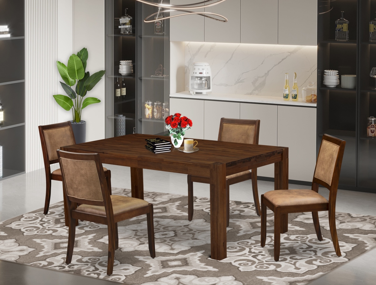 LMX25-0N-28 Dining Set, Antique Walnut - A Rectangular Table & 4 Brown Texture Faux Leather Stackable Chair Finish - 5 Piece