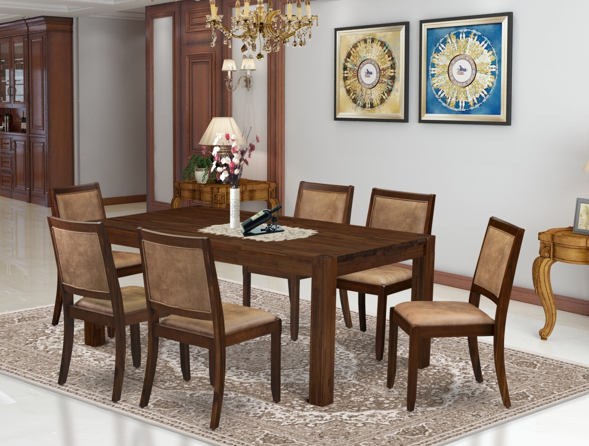 LMX27-0N-28 Dining Set, Antique Walnut - A Rectangular Table & 6 Brown Texture Leather Stackable Chair Finish - 7 Piece