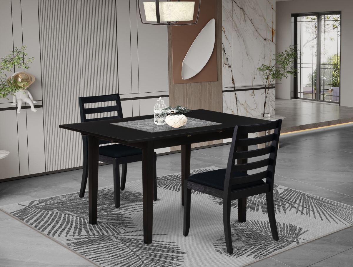 NFX13-BLK-24 Dining Set, Black - A Rectangle Table & 2 Stackable Linen Fabric Chairs - 3 Piece