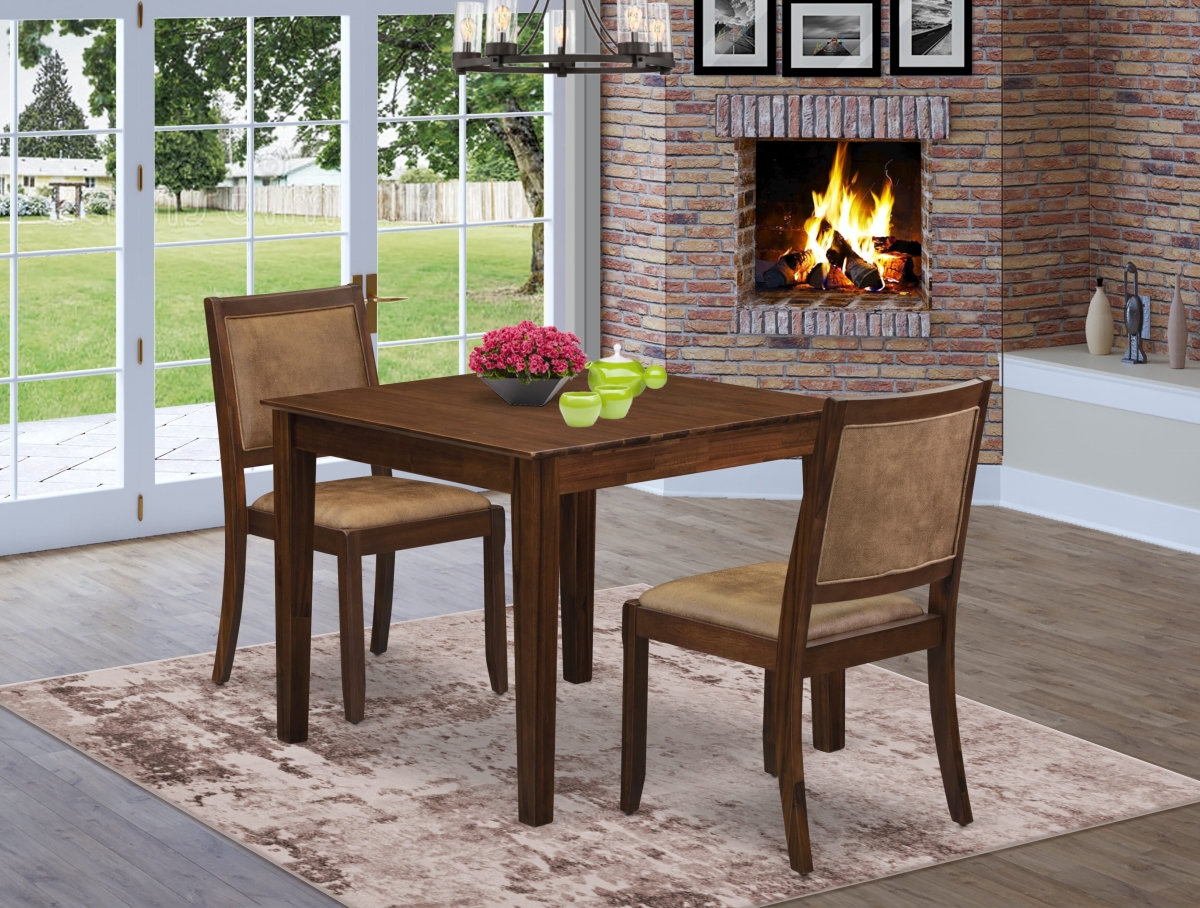 OXX23-AWA-28 Dining Set, Antique Walnut - A Square Table & 2 Brown Texture Faux Leather Stackable Chair Finish - 3 Piece