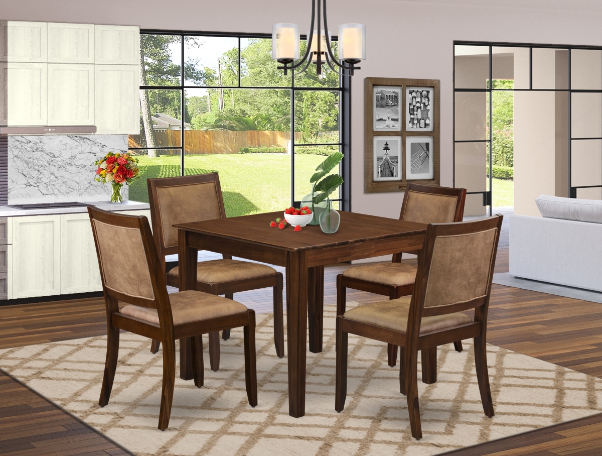 OXX25-AWA-28 Kitchen Set, Antique Walnut - A Square Table & 4 Brown Texture Faux Leather Stackable Chair Finish - 5 Piece
