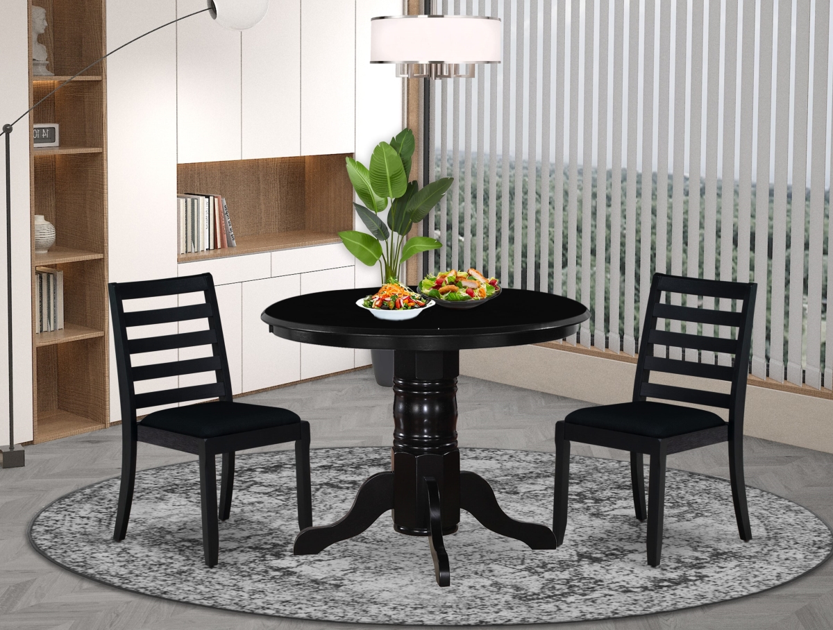 SHX13-BLK-24 Dining Set, Black - A Round Table & 2 Stackable Linen Fabric Chairs - 3 Piece