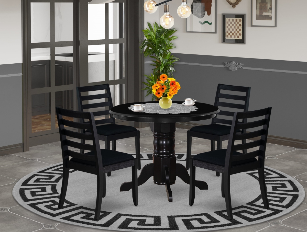 SHX15-BLK-24 Dining Set, Black - A Round Table & 4 Stackable Linen Fabric Chairs - 5 Piece