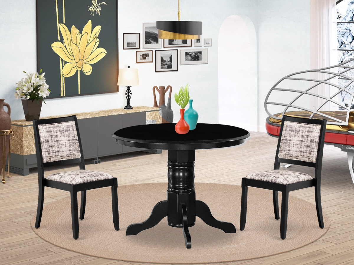 SHX23-BLK-30 Dining Set, Black - A Round Table & 2 Stackable Faux Leather Fabric Chairs - 3 Piece