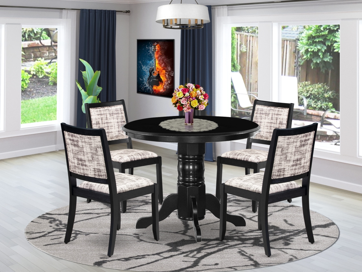 SHX25-BLK-30 Dining Set, Black - A Round Table & 4 Stackable Faux Leather Fabric Chairs - 5 Piece