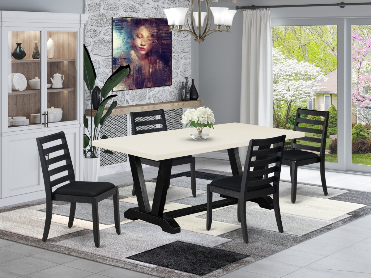 V627X1624-5 Dining Set, Linen White - A Rectangular Table & 4 Black Linen Fabric Stackable Chair - 5 Piece