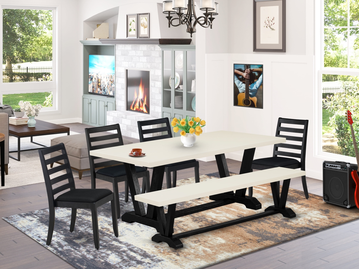 V627X1624-6 Dining Set, Linen White - A Linen White Table & Bench - 4 Stackable Chairs with Black Fabric - Wire Brushed Black - 6 Piece